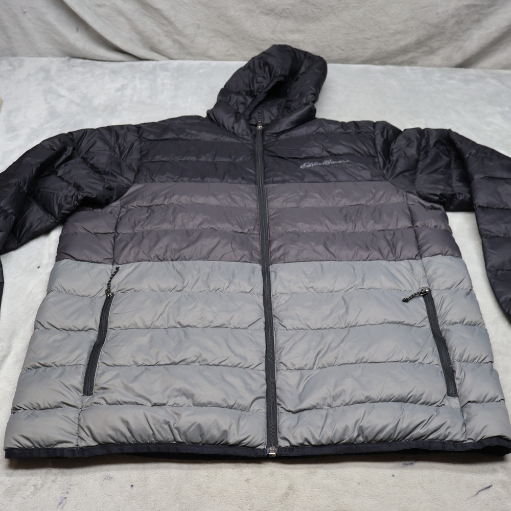 Eddie Bauer Down Jacket Men Large Gray CirrusLite Hooded Insulated 650 Fill Puff
